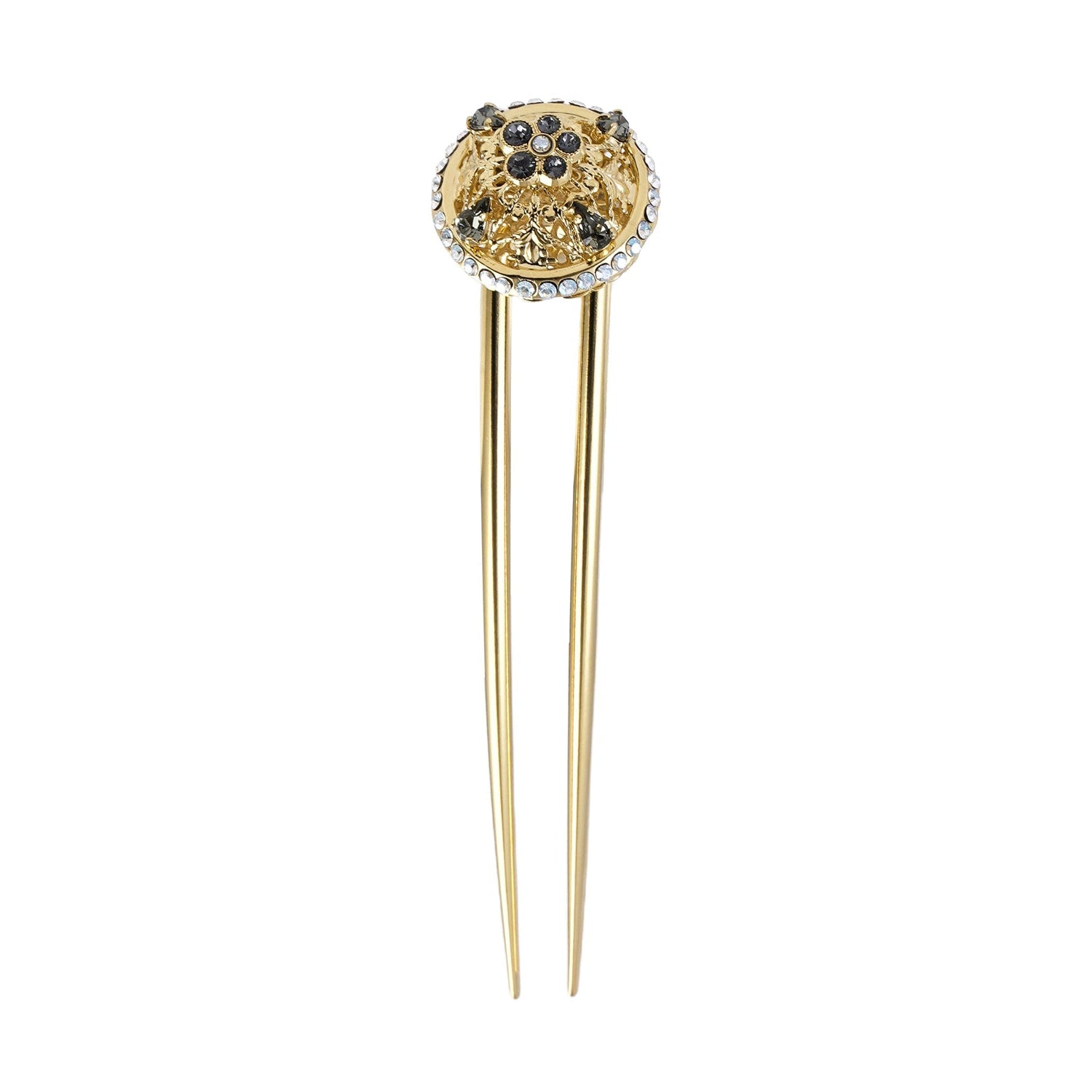 A gold-colored chignon fork with a decoration of European crystals on the top.